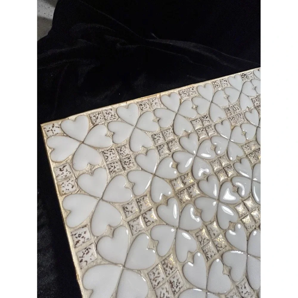 Mid Century Modern Mosaic‎ Heart Tray Gold Trim White Ceramic MCM
